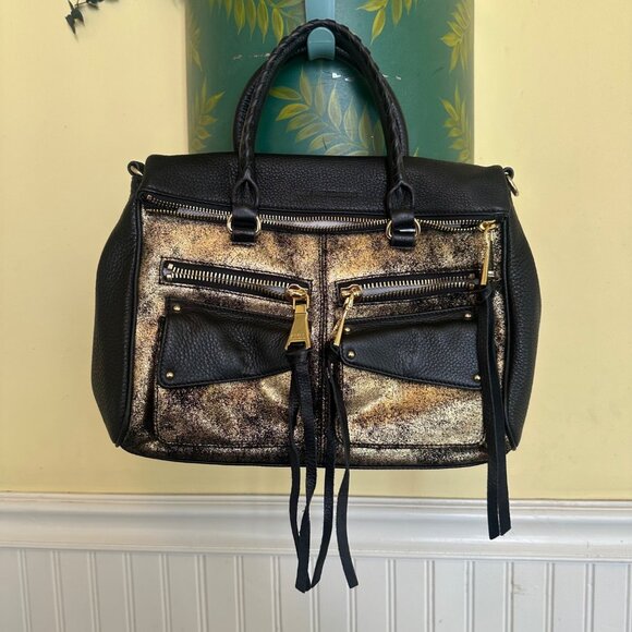Aimee Kestenberg Black & Gold Leather Handbag With Zipper Pockets - Picture 1 of 9